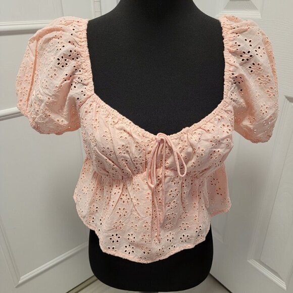 Heatherly Pastel Peach Eyelit Blouson Penelope Crop Top Size M - Picture 4 of 15